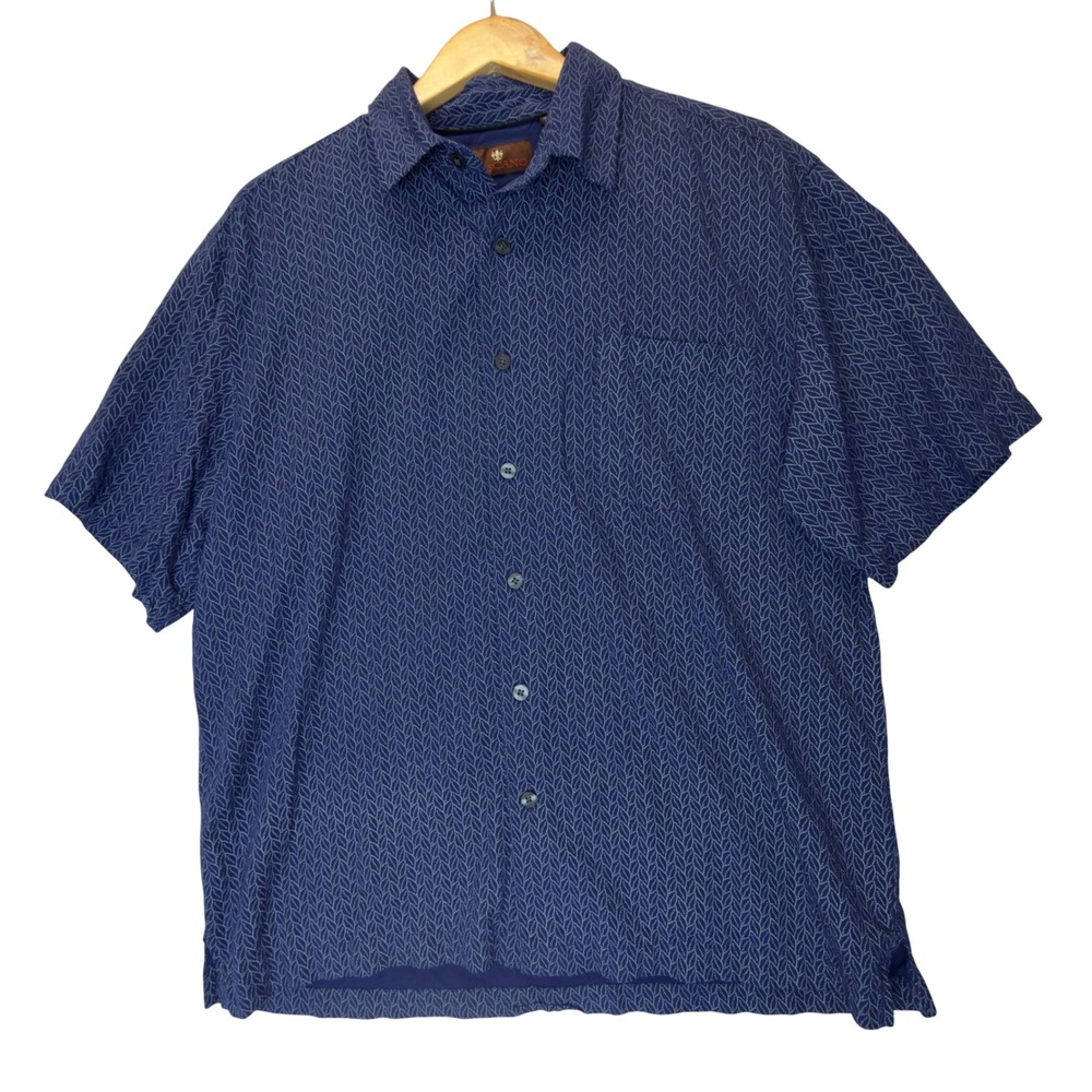 Toscano Mens Large Blue Silk Geometric Leaf Print Short Sleeve Button Shirt
